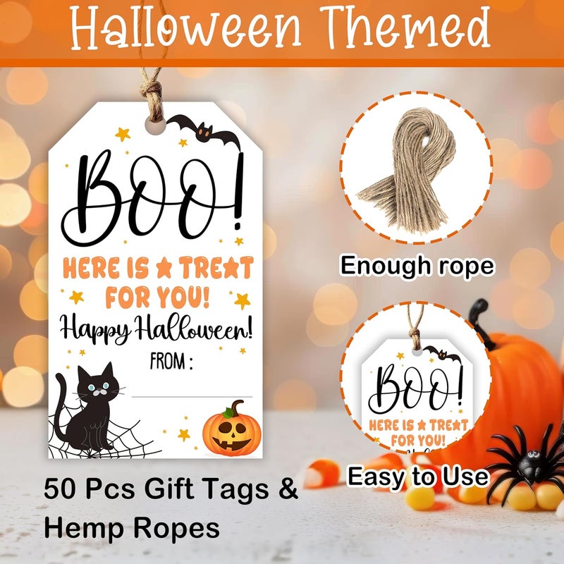 HandEasy 50 Pcs Halloween Tags with String, 2.1"×3.5" Boo Paper Gifts Tags, Black Cat Trick or Treat for Candy, Pumpkin Halloween Gifts Tag Wrap for Party Favor - B03 - Image 2